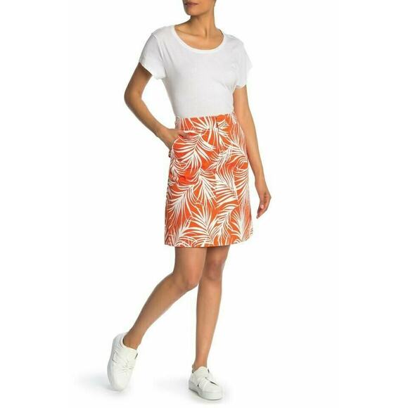 HUGO BOSS Vasara tropical palm leaf print a-line skirt orange white Size 2 NEW - Picture 8 of 8
